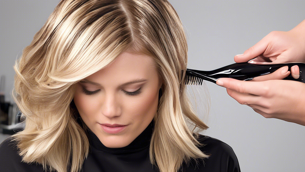 Create an image of a step-by-step guide on how to apply blonde foils to dark roots. Show a professional hairstylist in a sleek, modern salon setting, illustrating each step of the process with clarity. Include elements such as foils, lighteners, combs, and sectioning clips. The stylist should demonstrate proper application techniques, ensuring even distribution of the blonde foils without damaging the dark roots. The overall feel should be educational and stylish, emphasizing the transformation from dark roots to beautifully highlighted blonde hair. 

Keyword: blonde foils dark roots