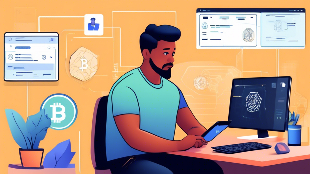 **DALL-E Prompt:** An illustrated step-by-step guide depicting a person setting up their first crypto exchange account. The scene shows a computer screen with a crypto exchange interface, featuring account creation and verification steps, security measures like two-factor authentication, and various payment methods for funding. Include visual elements like coins and trade graphs to emphasize the cryptocurrency theme, with a friendly and approachable design suitable for beginners.