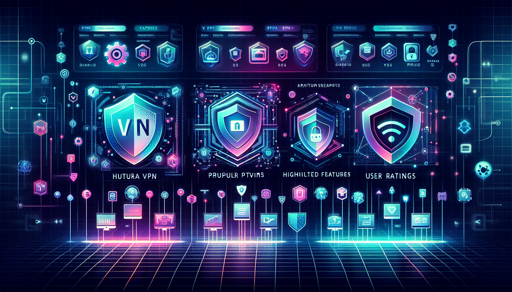 Create an image that showcases the best VPN services for streaming in 2023. The image should feature a sleek comparison chart highlighting top VPN services with their key features, prices, and user ratings. Include logos of popular streaming platforms like Netflix, Amazon Prime Video, and Disney+ to emphasize specific recommendations. The background should convey a modern, tech-savvy vibe, incorporating icons like shields and streaming devices (smart TVs, laptops, smartphones) to symbolize security and accessibility.