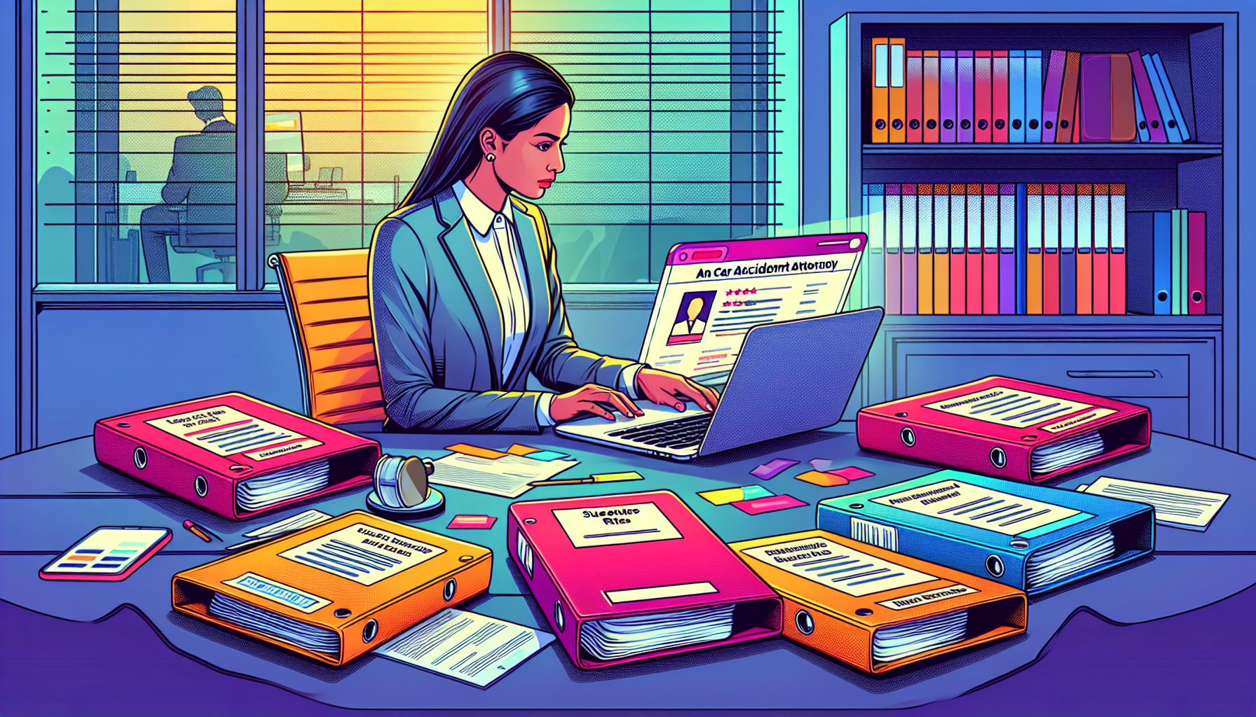 An individual sits at a desk with multiple open directories and a laptop displaying the website of a local bar association, surrounded by folders labeled 