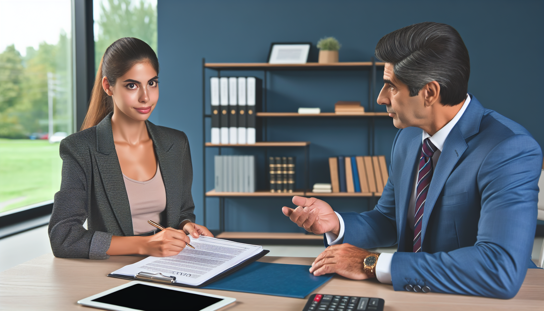 DALL-E prompt: Illustrate a professional meeting between a client, who has suffered from a car accident, and a potential auto injury attorney in a well-lit, modern law firm office. The client, a middle-aged woman, appears earnest and concerned, holding a notepad full of questions. Across from her, the attorney, a confident middle-aged man, is explaining paperwork and fee structures. Both are surrounded by law books and a laptop displaying a legal website. Emphasize a supportive and informative atmosphere, highlighting the communicative interaction during their consultation.