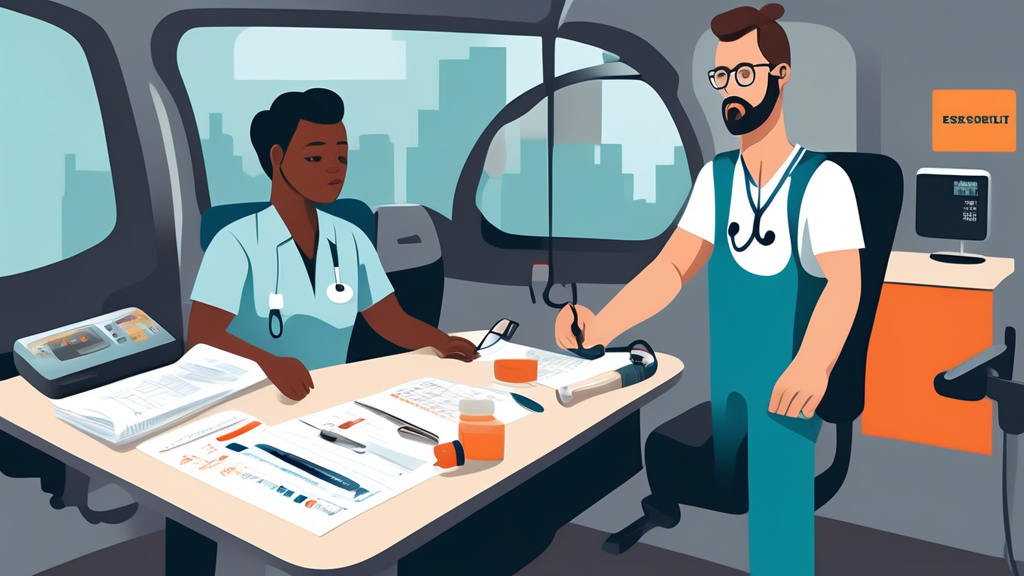 Create an illustration showing a commercial driver preparing for a DOT physical appointment. The image should include a checklist of essential documents, the driver engaging in healthy lifestyle changes like exercising and eating well, and a close-up of common medical equipment used during the physical, such as a stethoscope, blood pressure cuff, and vision testing chart. The overall atmosphere should be informative and encouraging, reflecting the readiness and positive approach of the driver.