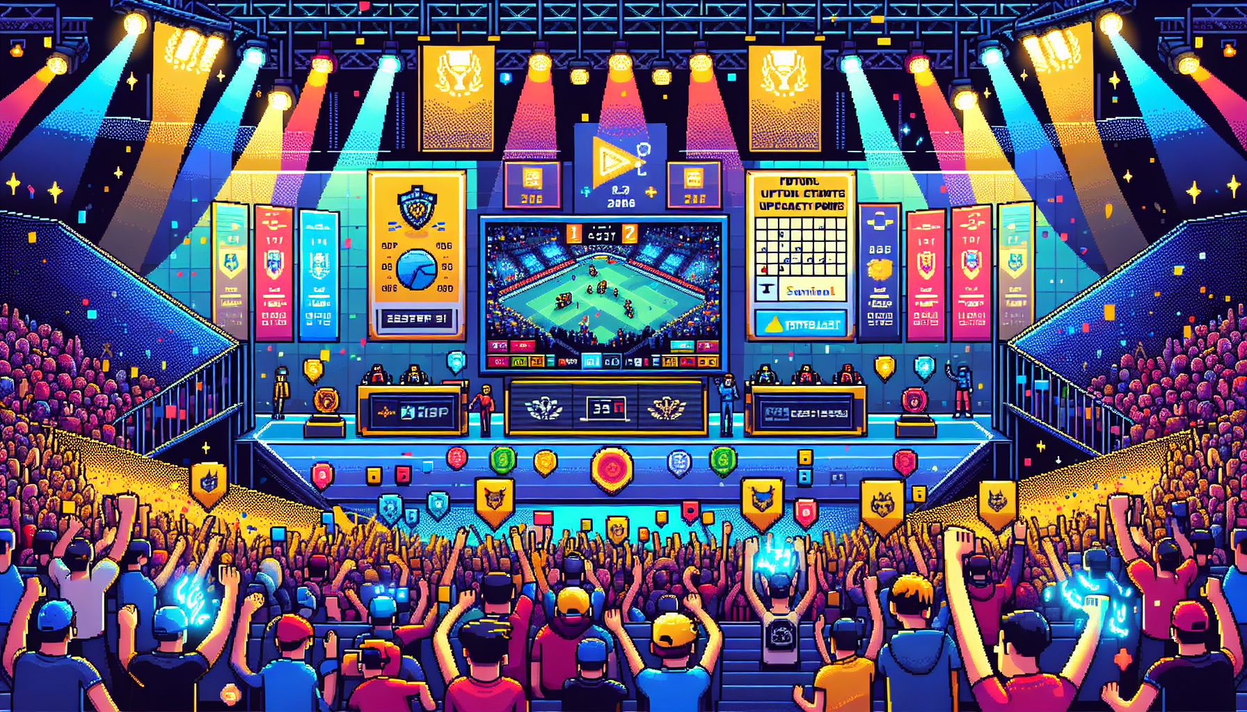 Create an image that showcases a vibrant, dynamic Overwatch League event with excited fans cheering, colorful event banners and signs, and large screens displaying live gameplay. Include text overlays promoting Overwatch League Tokens and highlight special seasonal events and promotions. Ensure the scene captures the energy and excitement of the event, and add subtle icons or symbols indicating ways to stay updated on future events, like a calendar or notification bell.