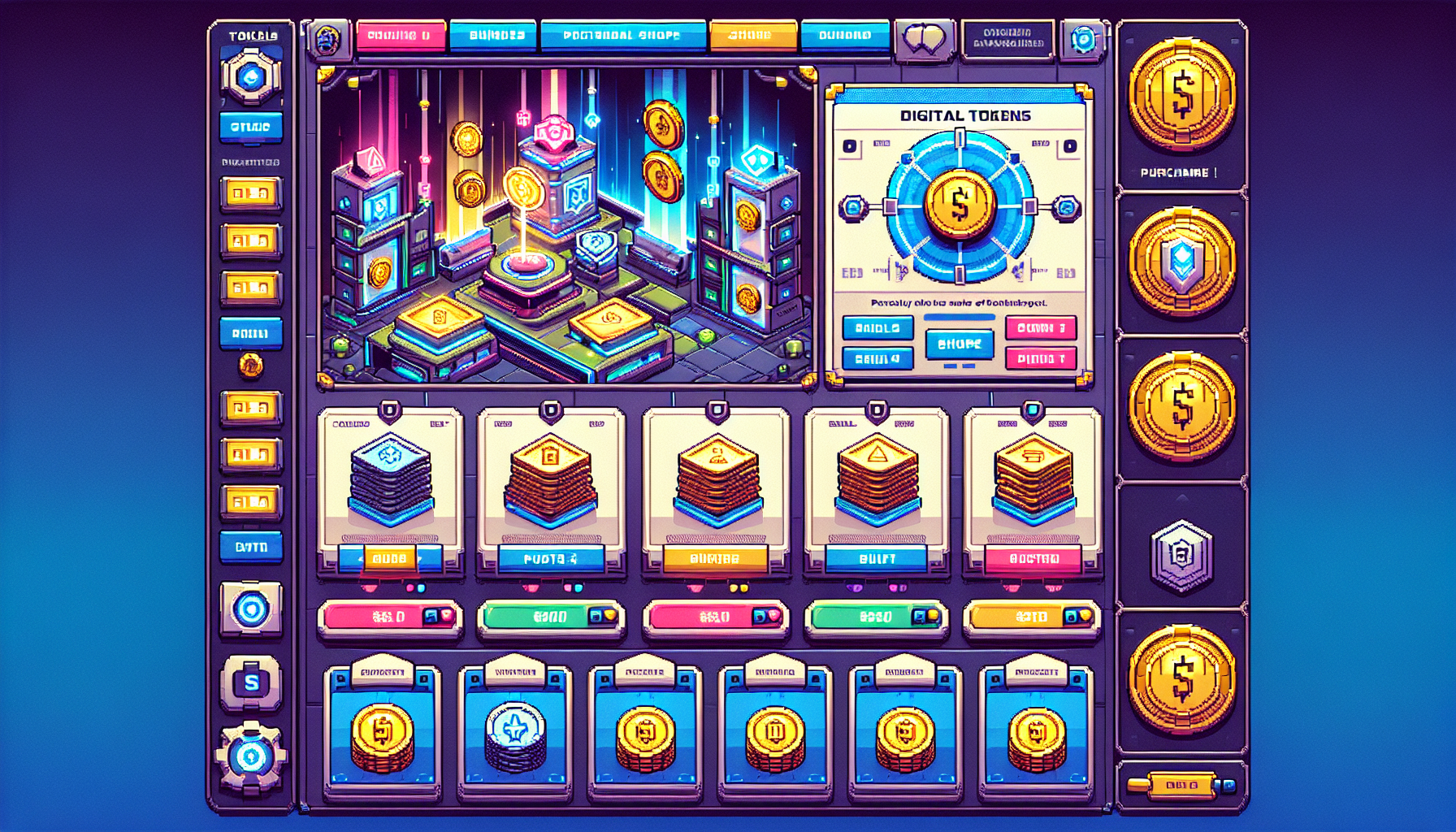 Create an image that showcases purchasing Overwatch League tokens by depicting a vibrant game interface with a detailed in-game shop. The shop should display various token bundles for sale, with price tags and highlighted purchase buttons. Include an Overwatch-themed background and elements like the Overwatch logo and character icons. The design should emphasize the ease and value of buying tokens, showing a seamless transaction process.