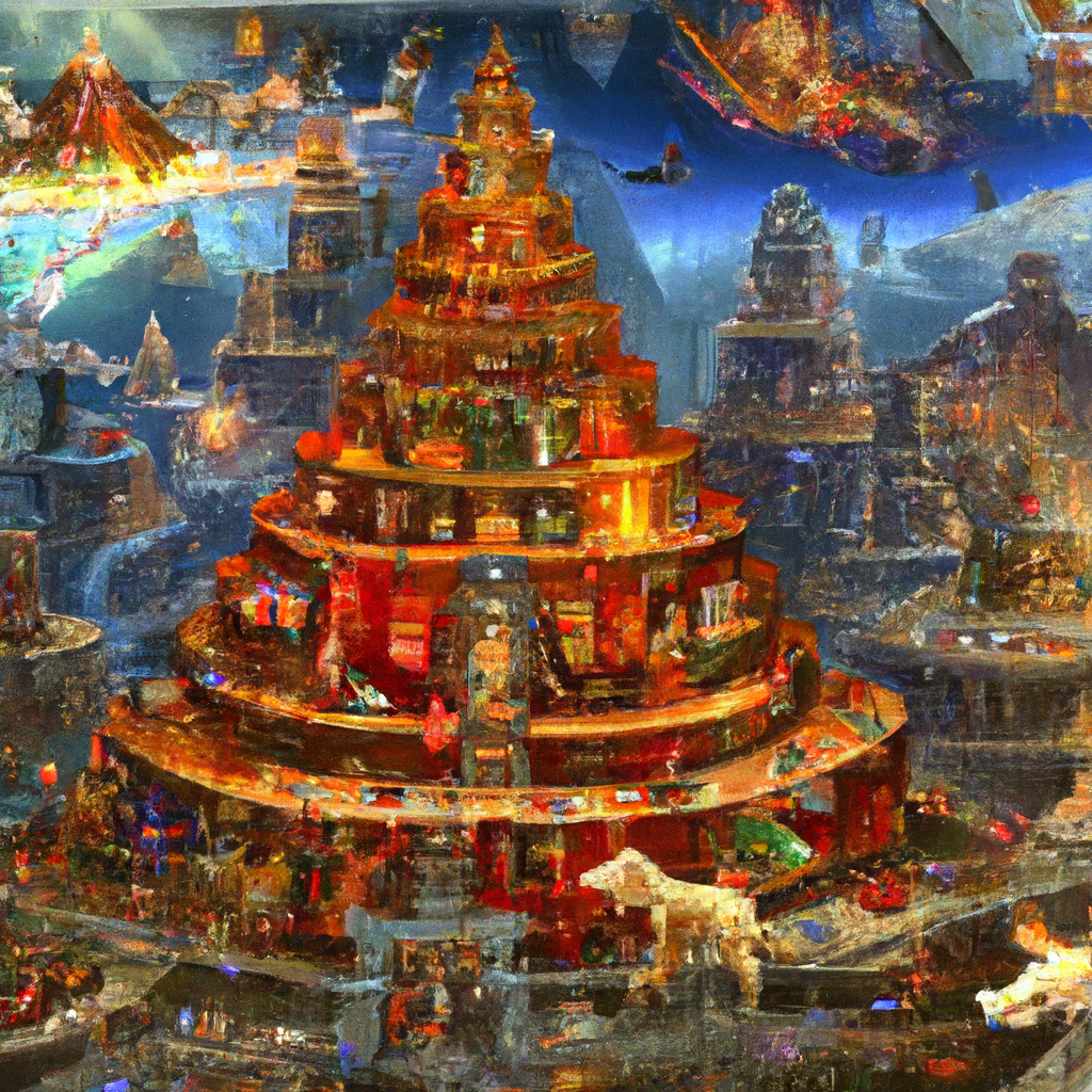 Create an intricate illustration of a traditional Christmas pyramid showcasing its cultural significance and symbolism. The scene should include various regional interpretations of the Christmas pyramid, from its pagan origins with figures like the Yule goat and winter solstice symbols, to its Christian associations with nativity scenes and angels. Each level of the pyramid should feature detailed, symbolic elements, such as stars, candles, and handcrafted wooden figurines. The background can depict a festive marketplace in medieval Germany, highlighting the regional diversity and evolving traditions.
