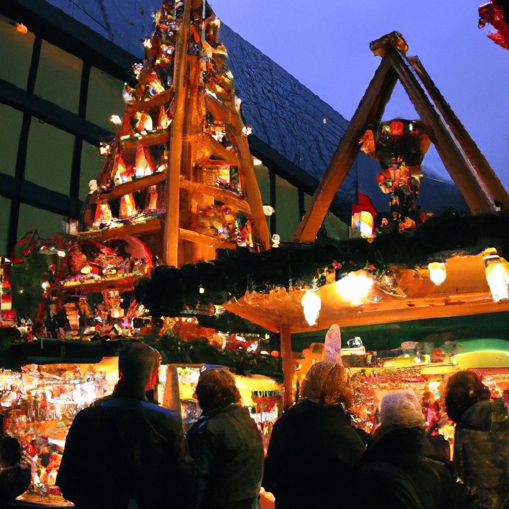 A vibrant scene showcasing the global impact and popularity of the Christmas Pyramid: A traditional German Christmas Pyramid adorned with candles and festive decorations is prominently displayed in a Christmas market stall in Tokyo, drawing crowds of excited visitors. In the background, large screens display clips from various holiday movies featuring Christmas Pyramids, and nearby, a family is seen working together on a DIY Christmas Pyramid kit. The image captures the blend of traditional craftsmanship, modern media influence, and contemporary DIY culture surrounding this festive holiday decoration.
