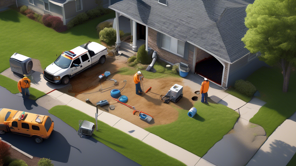 A detailed image showcasing the process of diagnosing a broken sewer line. The scene includes a professional plumber using a camera inspection tool to examine the sewer line through a drainpipe. The plumber is also equipped with dye tests to identify the exact location of the break. The surrounding environment shows a typical residential backyard with pipes and tools laid out, emphasizing the methods and techniques used to confirm a broken sewer line.