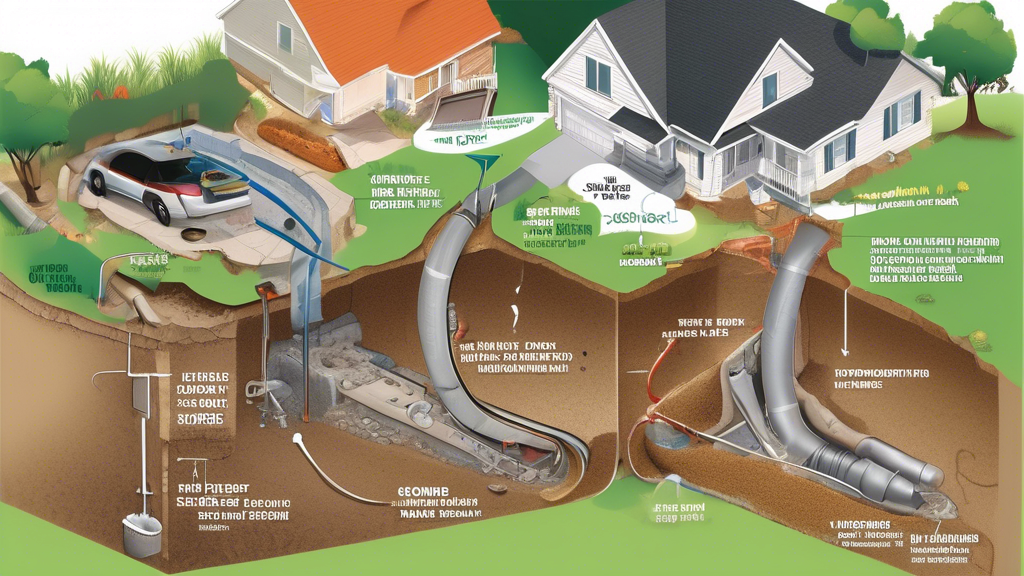 Create an image illustrating the repair and prevention of a broken sewer line, showcasing various repair options like trenchless repair and traditional methods. Include a step-by-step visual guide depicting the repair process, and incorporate elements that highlight preventative measures for long-term maintenance. The scene should be a suburban backyard with a visual cross-section of the ground, revealing the sewer line and repair activity underground.