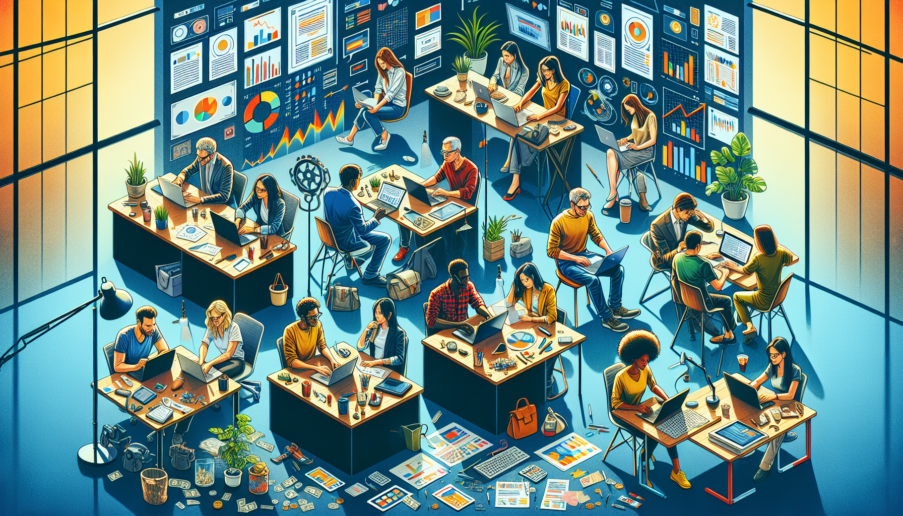 Create an image depicting a diverse group of individuals working remotely from home on high-paying freelance opportunities. Each person is showcased in their unique home workspace, engaging in different activities such as writing, graphic design, and programming. The scene should highlight their digital tools (laptops, graphic tablets, etc.) and reflect a productive and successful atmosphere. Additionally, include subtle elements that symbolize their progression and thriving success, such as award certificates on the walls and financial charts showing upward trends on their screens.