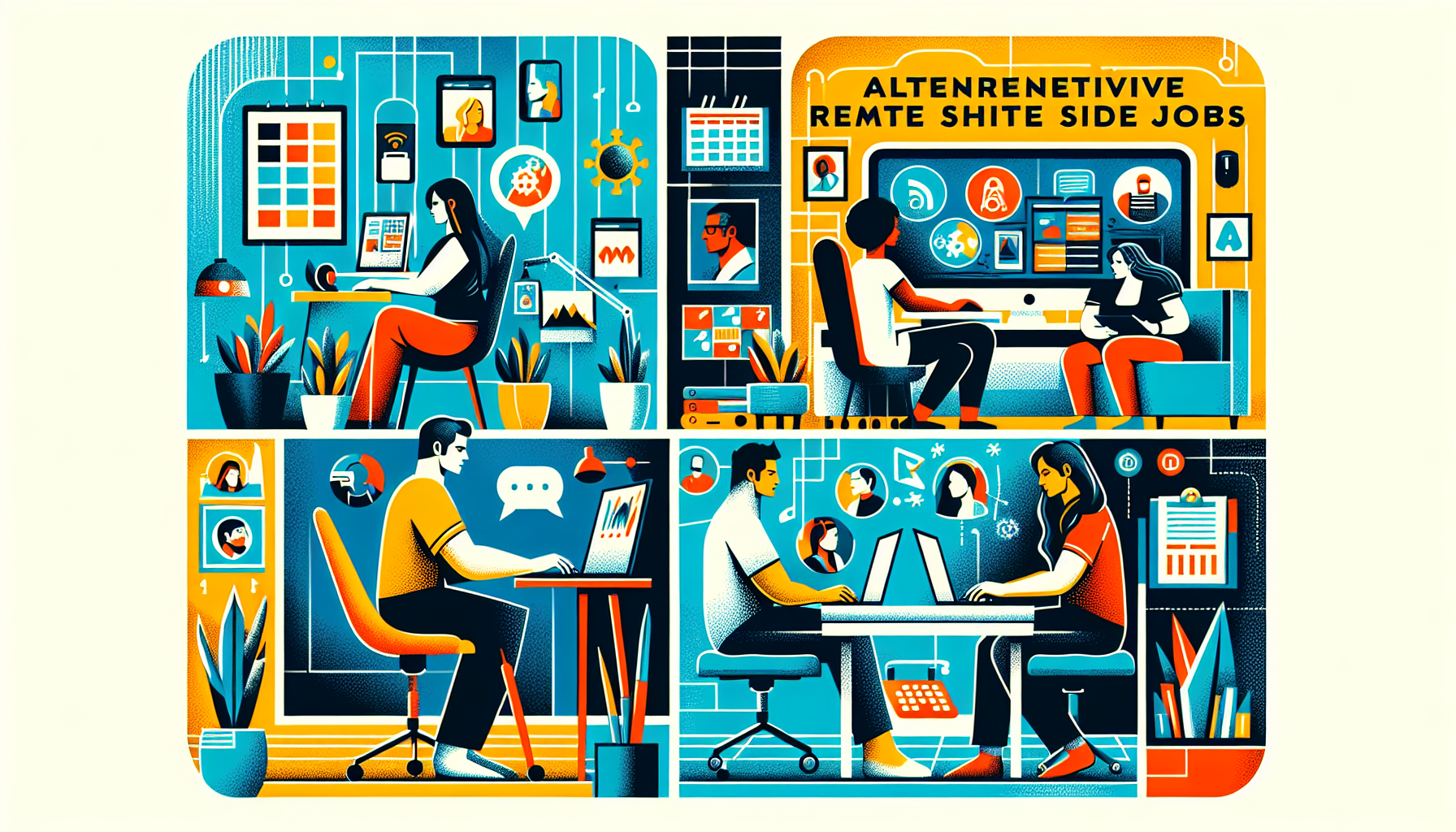 Create an illustration showcasing a diverse group of people engaging in various alternative remote side gigs from the comfort of their homes. The scene should include someone conducting an online tutoring session, another person working as a virtual assistant with multiple devices, and someone managing social media accounts on their laptop. Incorporate elements that signify productivity and flexibility, such as cozy home office setups, calendars, and communication tools. The overall mood should be empowering and dynamic, highlighting the steady income potential of these less traditional remote side gigs.