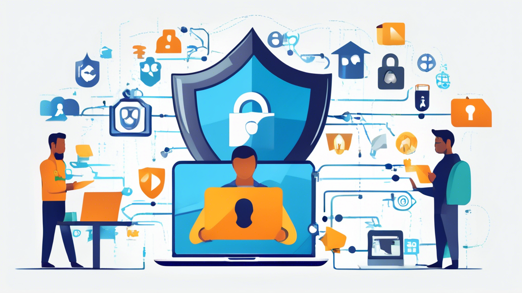 Create an image that visually represents essential tips for protecting privacy online. The image should include a person using a laptop in a safe environment, with icons around them symbolizing strong and unique passwords, two-factor authentication, software updates, safe browsing practices, and precautions with public Wi-Fi. The background should feature visual elements such as padlocks, a shield, and secure connections to emphasize the importance of online privacy. The overall theme should convey a sense of digital security and awareness.