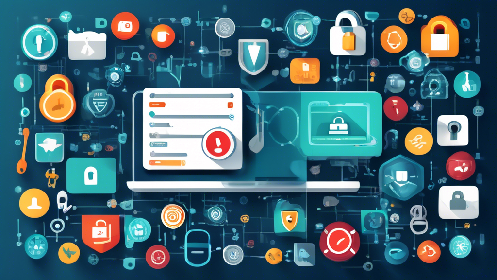 Create an image of various digital security tools displayed on a virtual screen, including icons for a VPN, secure browsers, encrypted communication apps, a password manager, and anti-malware software. The background should evoke a sense of privacy and security with subtle elements such as digital locks and encrypted code. Keywords: best way to protect privacy online.