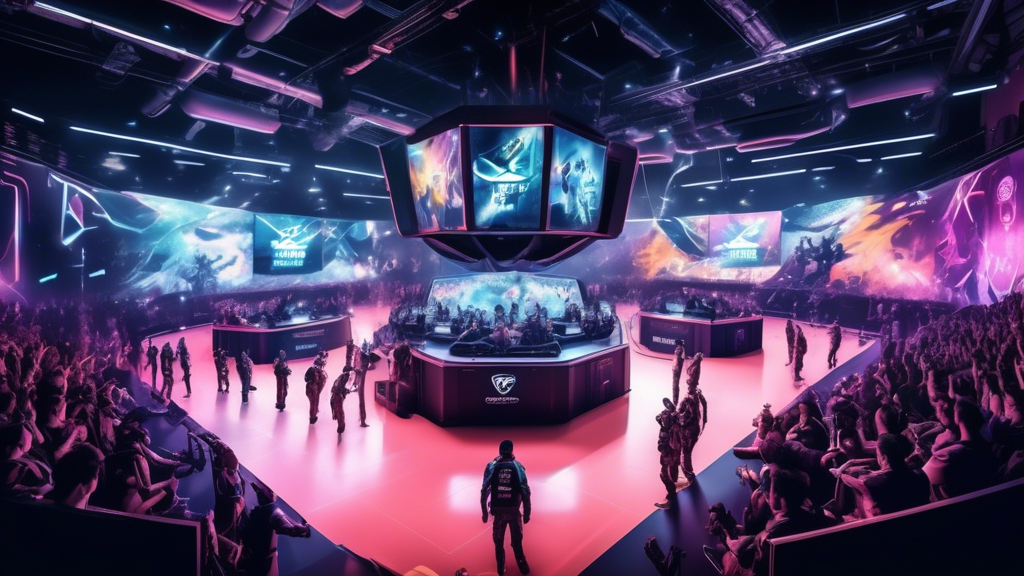 An image depicting a futuristic CS: GO esports arena filled with high-tech equipment and enthusiastic fans, with young players being celebrated on a grand stage. The players are surrounded by holographic images of sponsors, training facilities, and team logos, highlighting the importance of organizational support in their development. The atmosphere is vibrant and electric, symbolizing the promising future and growth opportunities for new talent in the CS: GO competitive scene.