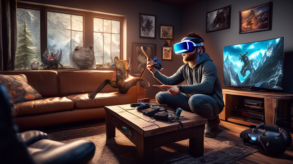 Create an image that shows a gamer setting up a PS4 VR system for playing Skyrim VR. The scene should include the PS VR headset, motion controllers, and a detailed Skyrim-themed environment on the TV screen. The gamer looks excited and ready to immerse themselves in the game, surrounded by accessories and mods that enhance the VR experience.