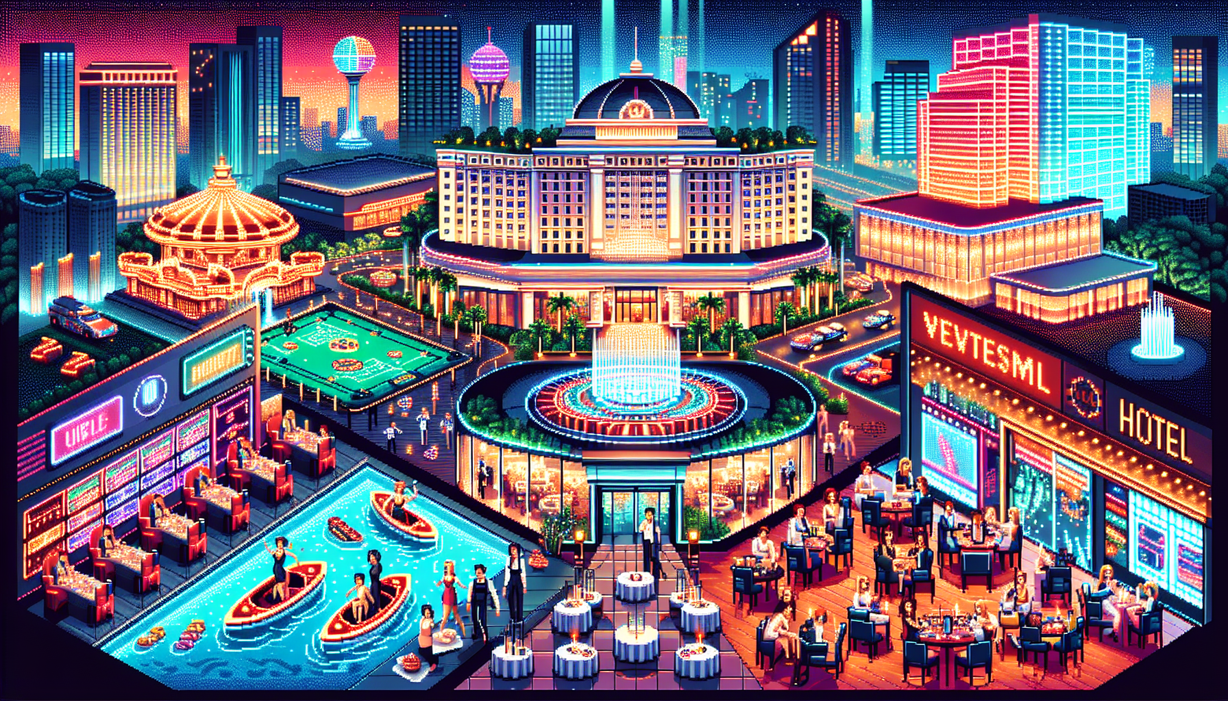 A vibrant, bustling scene of the MGM Grand hotel and casino showcasing unforgettable experiences. The image includes lively casino floors, a glamorous, celebrity-chef restaurant, an immersive, world-class show in progress, patrons enjoying luxurious spa services, and various entertainment options. Capture the excitement, elegance, and variety that define MGM Grand experiences, making it clear why it