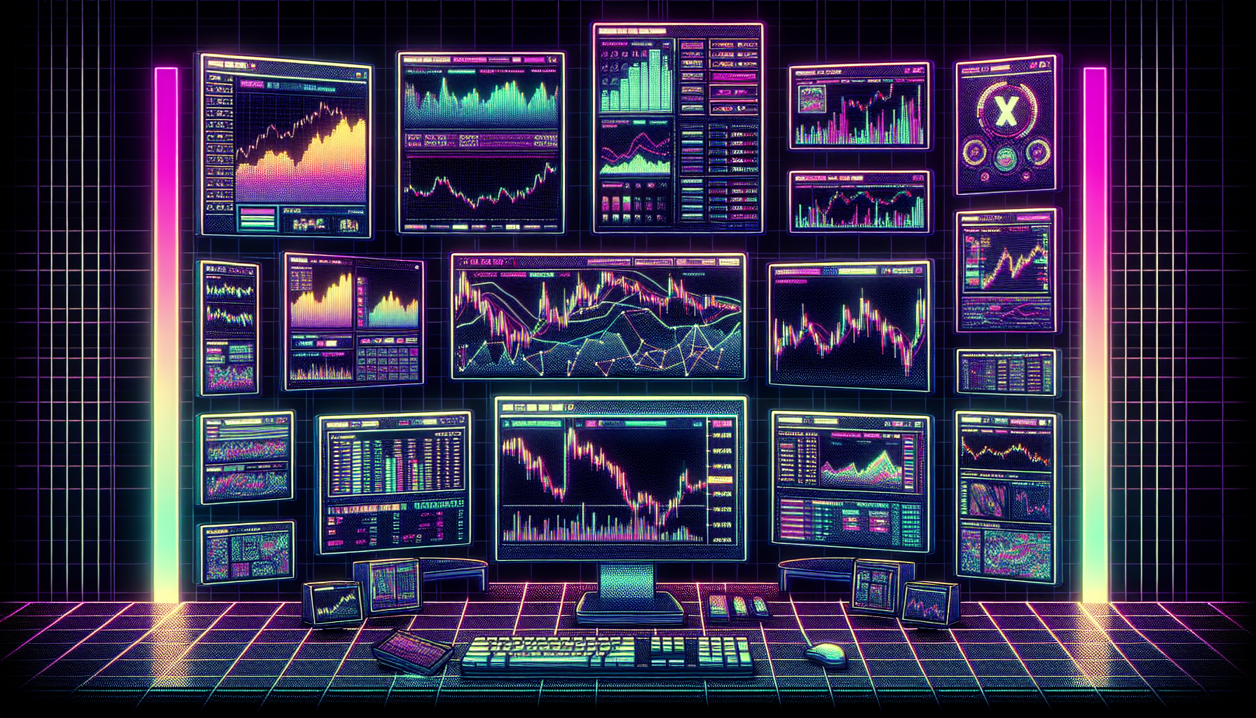 Create an image featuring a modern, high-tech trading desk with multiple computer monitors displaying various cryptocurrency exchange interfaces. Each screen shows detailed charts, high leverage ratios, platform features, and trading volumes for leading exchanges in 2023. Include a background showcasing bustling financial data and expert tips popping up as annotations. The overall vibe should be dynamic and tech-savvy, emphasizing high leverage and sophisticated trading in the cryptocurrency world.