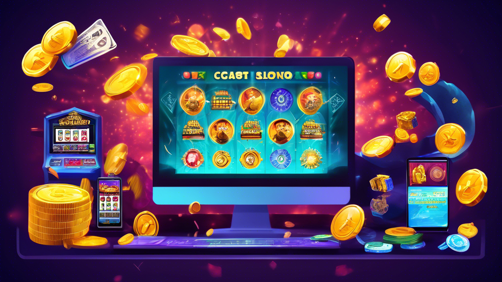 Prompt for DALL-E: Create an image that illustrates strategies to maximize winnings in crypto casino slots. Show a player at a computer screen selecting the right crypto casino platform, planning effective betting strategies with notes and diagrams around them, and utilizing bonuses and promotions, represented by various icons like bonus coins and promotional banners. The atmosphere should be dynamic and engaging, emphasizing the excitement of online crypto slot gaming.