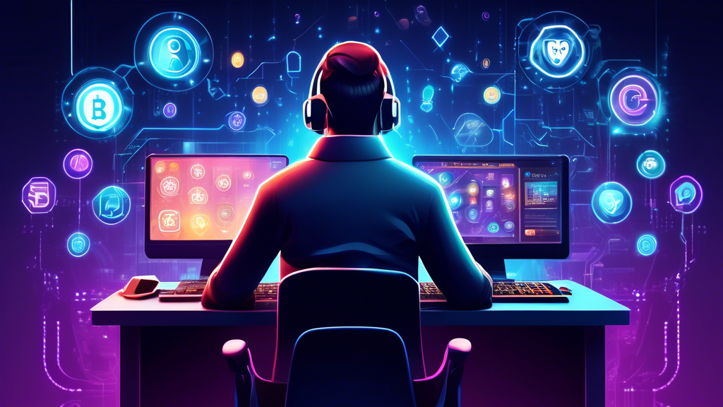 Create an image of a person sitting at a computer desk with a digital lock symbol prominently displayed on the screen and surrounded by a secure-looking aura. The background features icons and logos of various cryptocurrencies, conveying a sense of digital security. The person should appear focused and calm, indicating a safe and mindful engagement with crypto casino slots. Add subtle visuals of casino elements like slot reels and chips to make the theme evident.