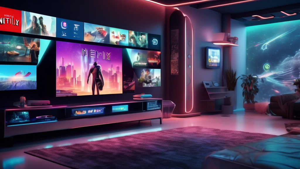 Create an image that features a futuristic living room with a large, sleek smart TV displaying various streaming service logos (Netflix, Hulu, Disney+, etc.). The room should have a modern design with cutting-edge technology, such as voice-activated controls and virtual reality headsets. The background should hint at advanced technological developments, like holographic interfaces and 5G connectivity symbols. Emphasize the sense that this is the future of cable streaming services, showcasing innovation and the evolution of television. Make sure the setting feels both high-tech and comfortable, merging the idea of advanced technology with everyday home life.