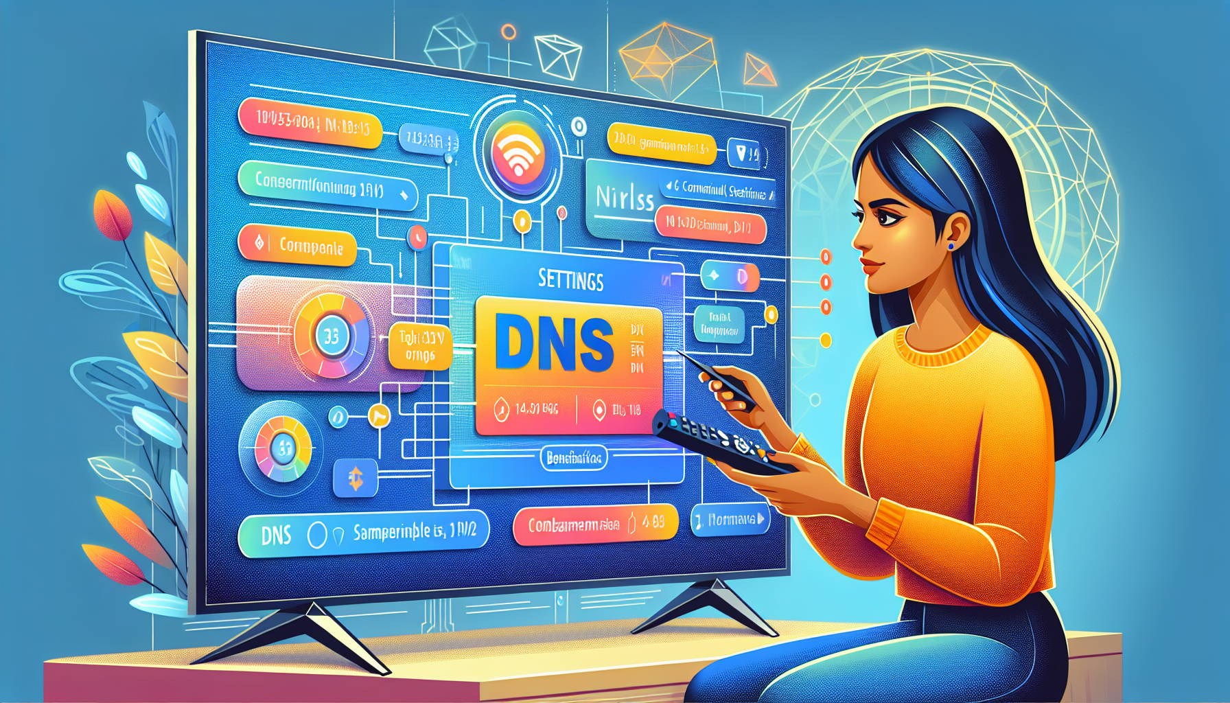 Create an image depicting a person configuring DNS settings on a Smart TV. The TV should display a clear and detailed user interface showing DNS settings options, with popular Smart TV brands like Samsung, LG, and Sony visible in the background. The person should be holding a remote control, looking focused on selecting an optimal DNS provider such as Google DNS or OpenDNS from a comparison chart that is partially visible on the screen. The overall ambiance should be modern and tech-savvy, highlighting ease of setup and improvement in Smart TV performance.