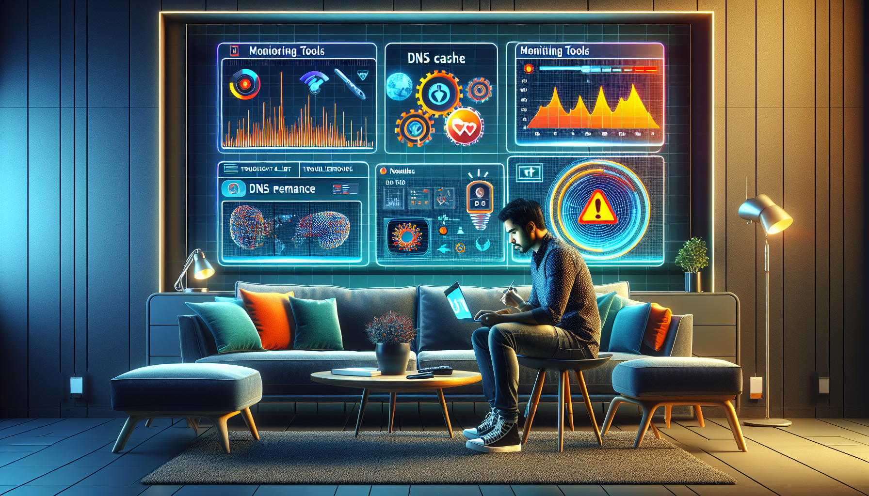 Create an image illustrating advanced DNS optimization tips for Smart TVs. The scene should feature a modern living room with a Smart TV on the wall. On the TV screen, show visual cues of DNS updates and monitoring tools, a DNS cache icon, and a troubleshoot alert symbol. A person using a laptop or tablet sits on a sofa nearby, displaying graphs or settings related to DNS performance on their device. Include a sleek and tech-savvy aesthetic to highlight the advanced technology theme.