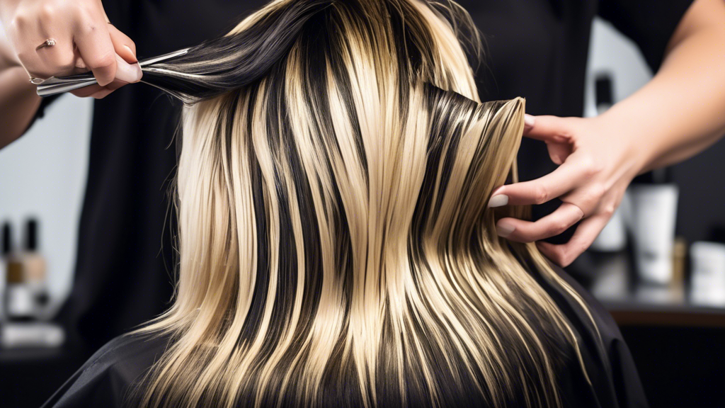 Create an image showing a hairstylist meticulously applying blonde foils to black hair in a salon setting. The focus should be on the different techniques used, such as traditional foiling and balayage. Emphasize the stylist