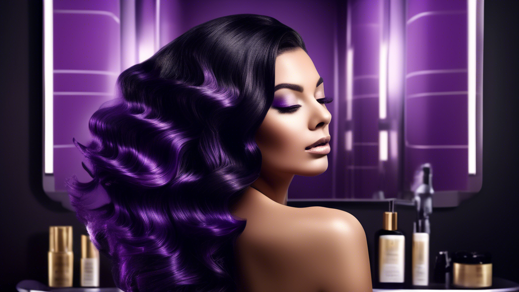 Create an image of a woman with striking black hair accented by vibrant blonde foils. Show her applying a rich, purple shampoo in a stylish bathroom setting. Surround her with a range of premium hair care products, including conditioners and treatments specifically formulated for highlighted hair. The mood should emphasize luxury and self-care, with elements like soft lighting, elegant bathroom decor, and a serene expression on the woman