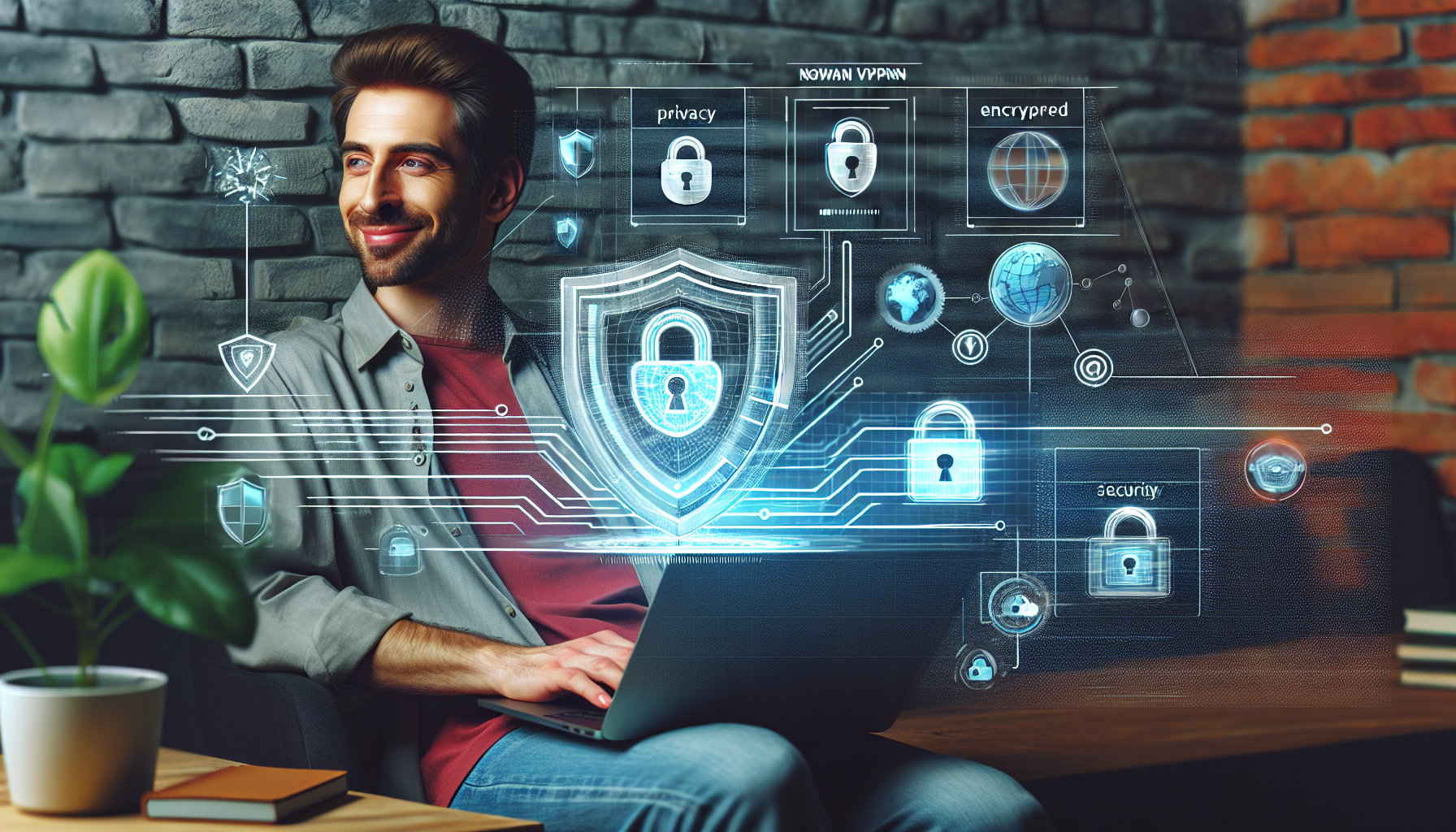 Create an image of a person using a laptop with an interface showing Kaspersky VPN