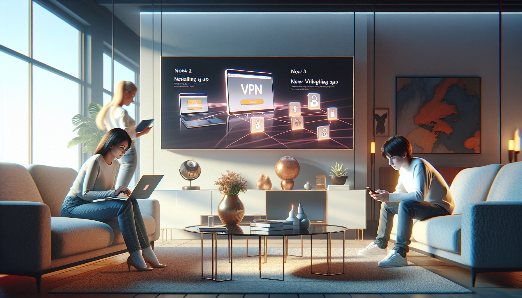 A clean, modern living room with a family setting up their devices. One person is installing Kaspersky VPN on a laptop, while another sets it up on a smartphone. Step-by-step instructions are displayed on a digital screen in the background, showcasing the user-friendly interface. Soft lighting and a cozy atmosphere highlight the ease and comfort of the Kaspersky VPN setup process. Keywords: Kaspersky VPN, setup, family, devices, user-friendly.