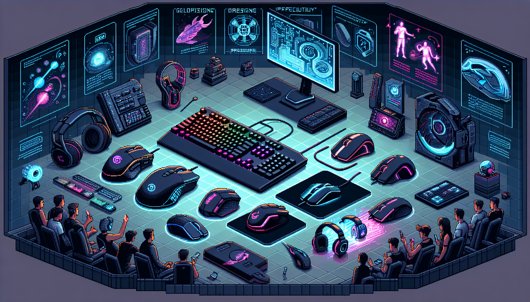 Create a visually striking image showcasing an array of innovative gaming peripherals and accessories by Esports Tiger. The setup should include high-performance gaming mice with sleek, ergonomic designs, advanced mechanical keyboards with customizable RGB lighting, and precision mouse pads featuring unique technological enhancements. Surround the products with visual cues like holographic design blueprints and futuristic elements to emphasize their cutting-edge nature. Include professional gamers and esports teams in action, visibly enthusiastic, using Esports Tiger products, with glowing testimonials and reviews displayed seamlessly within the scene. Vibrant colors and a dynamic composition should capture the revolutionary spirit of Esports Tiger in the competitive gaming scene.