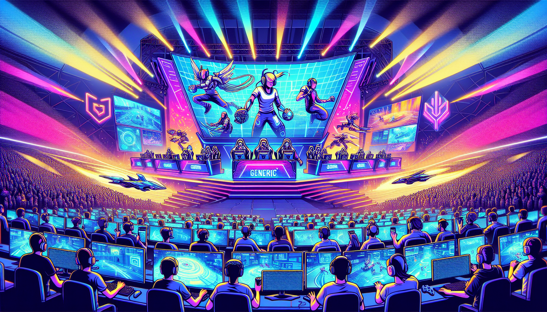 Create an image that shows the impactful presence of Esports Tiger in the global esports community. Depict a futuristic, large-scale esports tournament with a vibrant atmosphere, featuring professional gamers wearing Esports Tiger branded gear. Include a dynamic stage with an enormous screen showcasing different game scenes and the Esports Tiger logo prominently displayed. Capture the excitement and energy of the collaboration between Esports Tiger and various major gaming sponsors, highlighting the potential future developments in the competitive gaming scene due to their contributions. Use bright, neon colors and modern design elements to emphasize the innovation and influence of Esports Tiger.