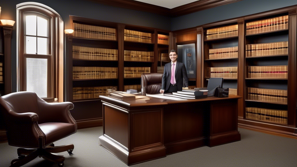 Create an image that features a professional-looking injury accident lawyer in an office setting, surrounded by symbols of their expertise: a bookshelf filled with legal books, certifications on the wall, and a desk with client files. The lawyer should have a confident and approachable demeanor. In one corner, include a digital screen displaying positive online reviews and ratings. Add a local map or cityscape visible through the window to emphasize proximity and local service.