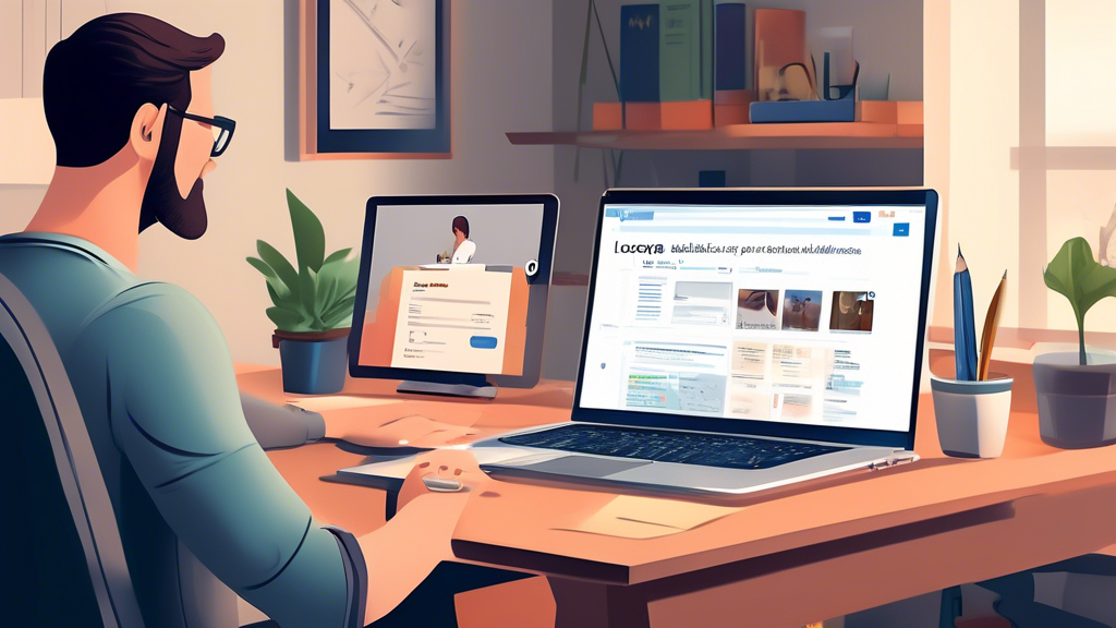 Digital illustration of a person using a laptop in a cozy home office, searching online directories and legal websites for injury accident lawyers. The screen shows platforms like Avvo, Martindale-Hubbell, and a local bar association website. Around the laptop, there are notes and a checklist highlighting criteria such as location, specialization, and reviews. In the background, there are shelves with books and certifications, emphasizing a thorough and informed search process.