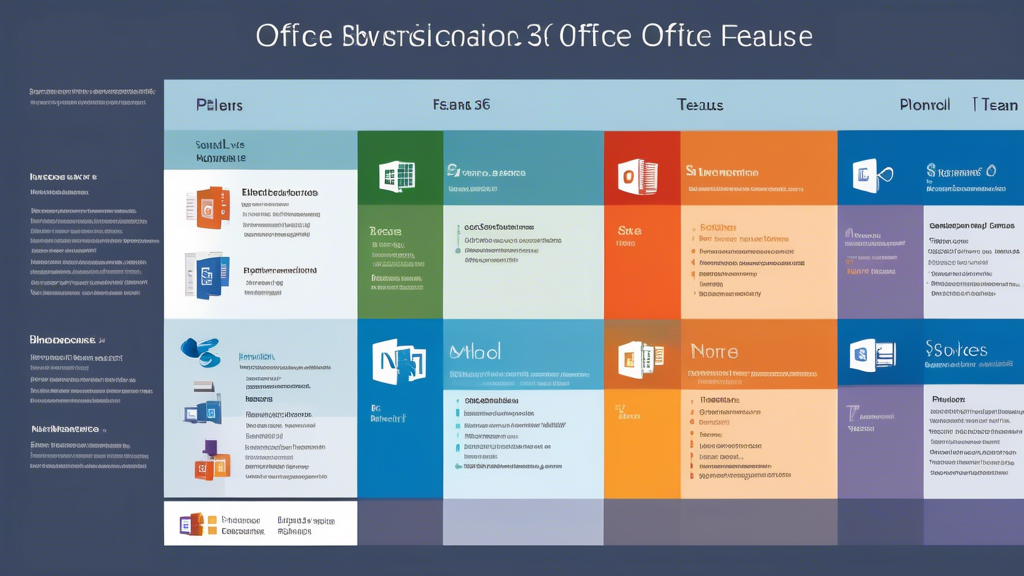 Create an image showcasing the various subscription plans and features of Microsoft Office 365. Display a comparison chart illustrating different plans such as Business, Enterprise, and Personal, highlighting the unique features of each. Surround the chart with icons representing key applications like Word, Excel, PowerPoint, and Teams, along with symbols of cloud integration and team collaboration.
