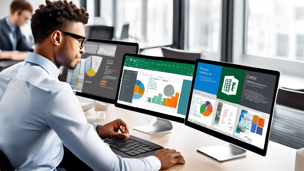 Create an image showcasing the key advantages of Microsoft Office 365: a business professional sitting at a modern desk with multiple devices (laptop, tablet, and smartphone) displaying various Office 365 applications (Word, Excel, PowerPoint) on the screens, emphasizing seamless integration and productivity. Include visual elements representing security (shield icons) and scalability (growing bar charts), with a clean, corporate environment in the background. The overall vibe should be dynamic and efficient. The keyword microsoftoffice365 should be subtly incorporated into the design.