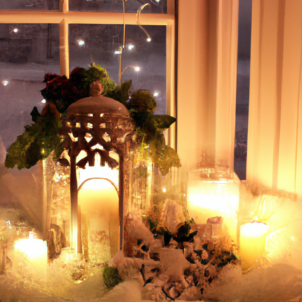 Create an image showcasing a cozy living room decorated with window candle lights for different seasons and holidays. The windows feature candle lights arranged in a heart shape for Valentine