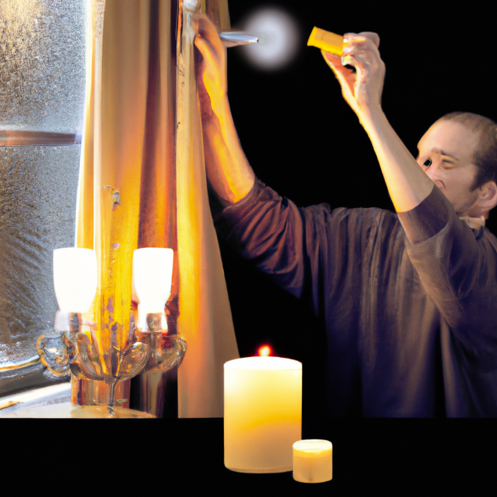 An instructional image showing the proper maintenance of window candle lights, featuring a person carefully cleaning an elegant LED window candle light with a soft cloth while other candles in the background shine brightly, highlighting effective cleaning techniques. The scene emphasizes safety precautions and showcases the energy-efficient quality of LED lights, ensuring their longevity and continued aesthetic appeal.