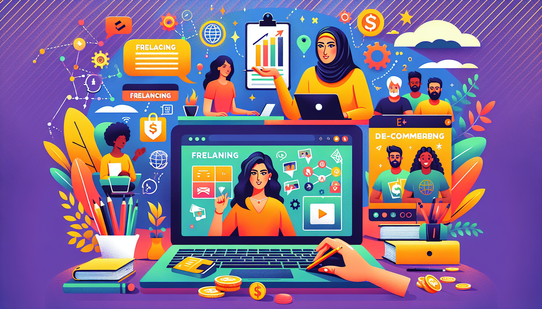 Create an image showcasing various popular side hustles to make more money, including freelancing (represented by a laptop with writing, graphic design, and programming icons), online tutoring (a person teaching students through a video call), and e-commerce (a flourishing online store interface with products and a dropshipping process graph). The image should be vibrant, engaging, and emphasize the diverse opportunities available for boosting income.