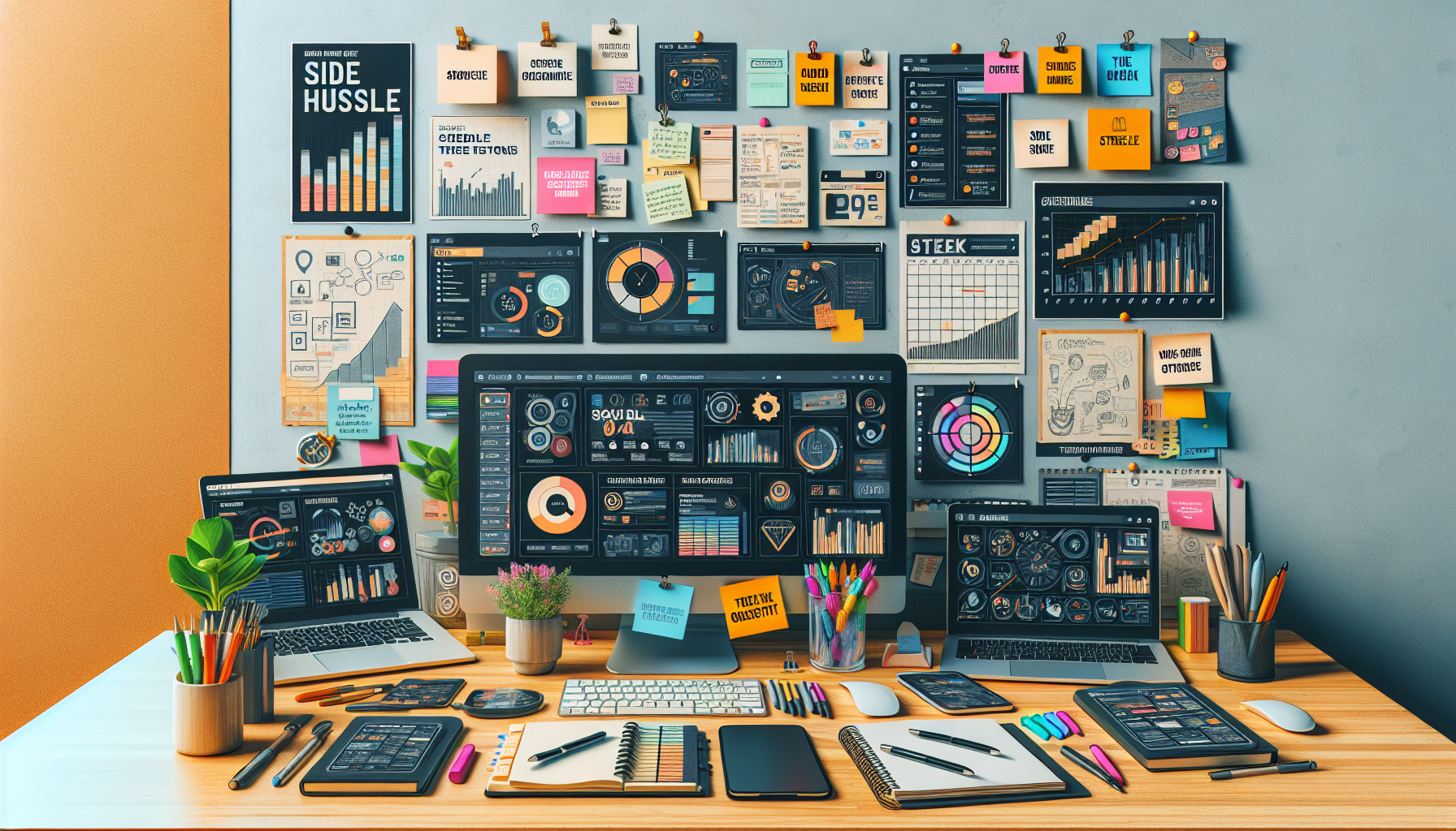 A bustling workspace with multiple digital devices displaying various side hustle activities, such as freelance projects, e-commerce dashboards, and online tutoring sessions. The image should include notebooks, a planner, and sticky notes with written objectives. Show an organized, efficient workspace with labeled folders, a calendar for time management, and productivity apps open on the screens. The overall atmosphere should reflect a well-managed, productive environment dedicated to balancing multiple side hustles.