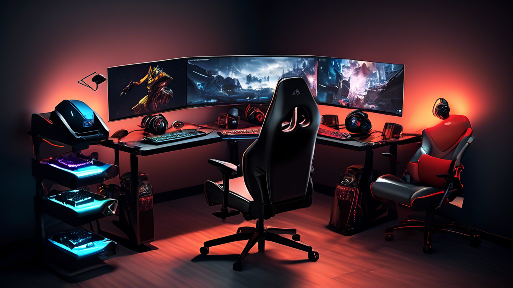 Create an image that captures the essence of a high-tech gaming setup. The scene should include a sleek and ergonomic gaming chair, a dual or triple high-performance monitor setup, and an array of top-tier gaming peripherals such as a mechanical keyboard, precision mouse, and a high-quality headset. The background should hint at a stylishly designed room with subtle ambient lighting to enhance the focused, tech-savvy atmosphere, all contributing to an ultimate esports cave experience.