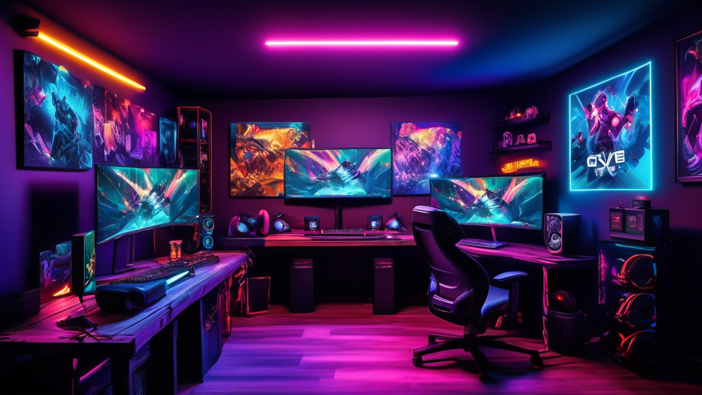 Create a vibrant image of a personalized esports cave, showcasing esports-themed décor such as posters, memorabilia, and custom art. The room features clean cable management solutions for an uncluttered look, and the ambiance is enhanced with colorful LED lighting and smart home integrations, emphasizing style and functionality.