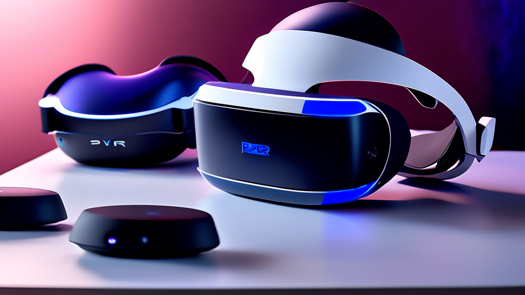Create an image showcasing the revolutionary innovations of PSVR 2, highlighting its superior 4K HDR display technology, improved tracking and motion sensors, and ergonomic design enhancements. Show the PSVR 2 headset connected seamlessly to the PS5 console, with a dynamic background that illustrates an advanced and immersive virtual reality environment brought to life through enhanced PS5 hardware capabilities. Include futuristic gaming elements and vibrant colors to emphasize the cutting-edge technology and unparalleled gaming experience.