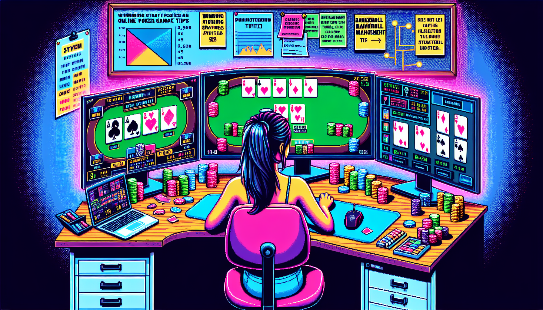 Create a highly detailed digital illustration depicting a beginner at a computer with multiple screens showing an online poker game. The focal point should be on the player learning poker strategies, with various hand rankings and strategy tips displayed prominently on the monitors and post-it notes around the desk. The background should include elements suggesting financial management, such as a whiteboard with Bankroll Management Tips written and various charts or graphs illustrating poker game outcomes. Include a guidebook titled “Winning Strategies for Online Poker” on the desk to emphasize the learning process.