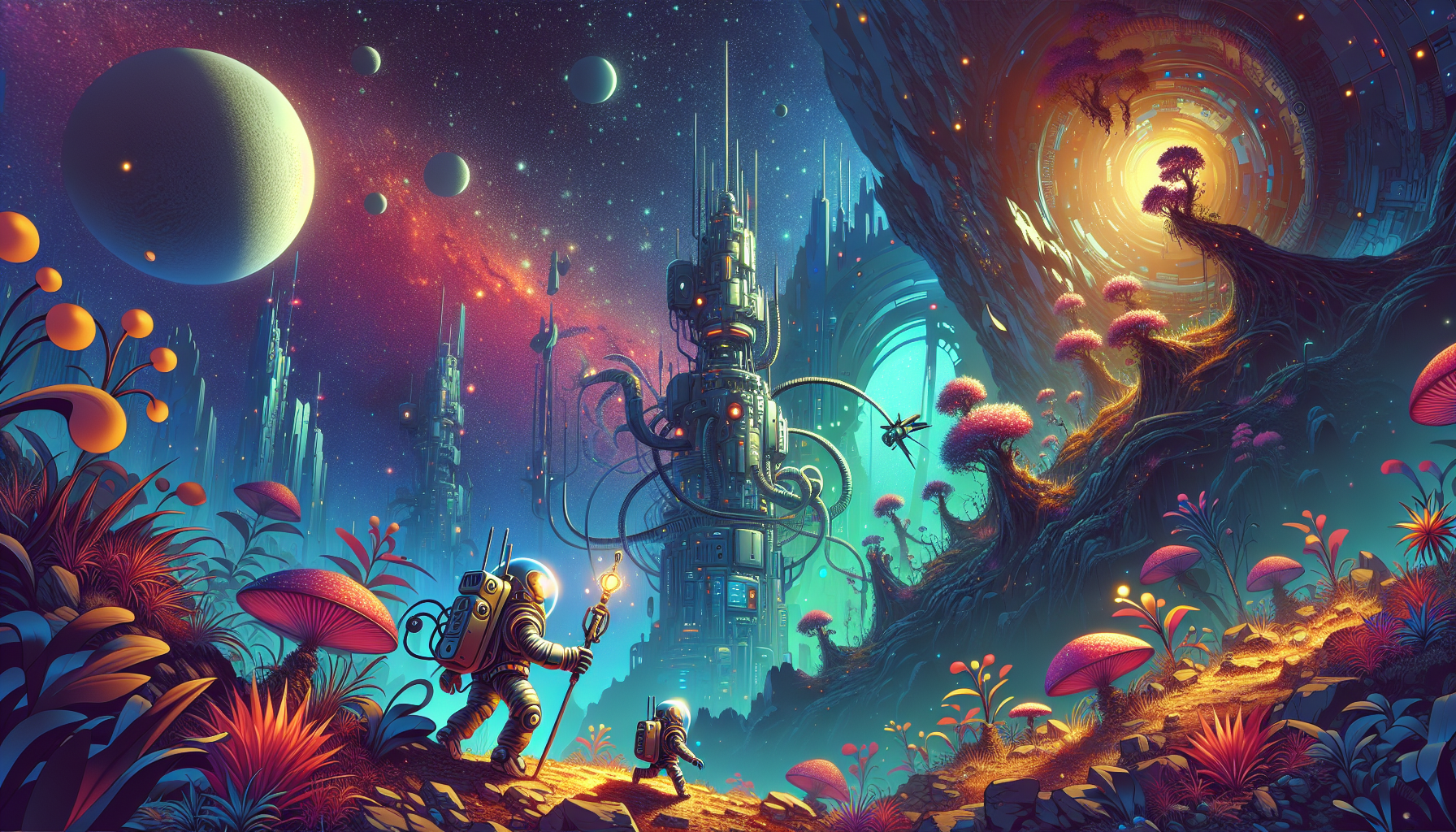 Create an image that showcases the vibrant and diverse worlds of Ratchet and Clank PS4. The image should feature Ratchet and Clank exploring a fantastical alien planet filled with exotic flora and towering futuristic structures. Include hints of hidden secrets in the background, like a partially visible cave entrance or a distant platform with collectibles. Ratchet should be equipped with a gadget, and Clank should be interacting with a mechanism, highlighting strategic use of their tools and teamwork. The overall atmosphere should be adventurous and exciting, capturing the essence of exploration in the game.