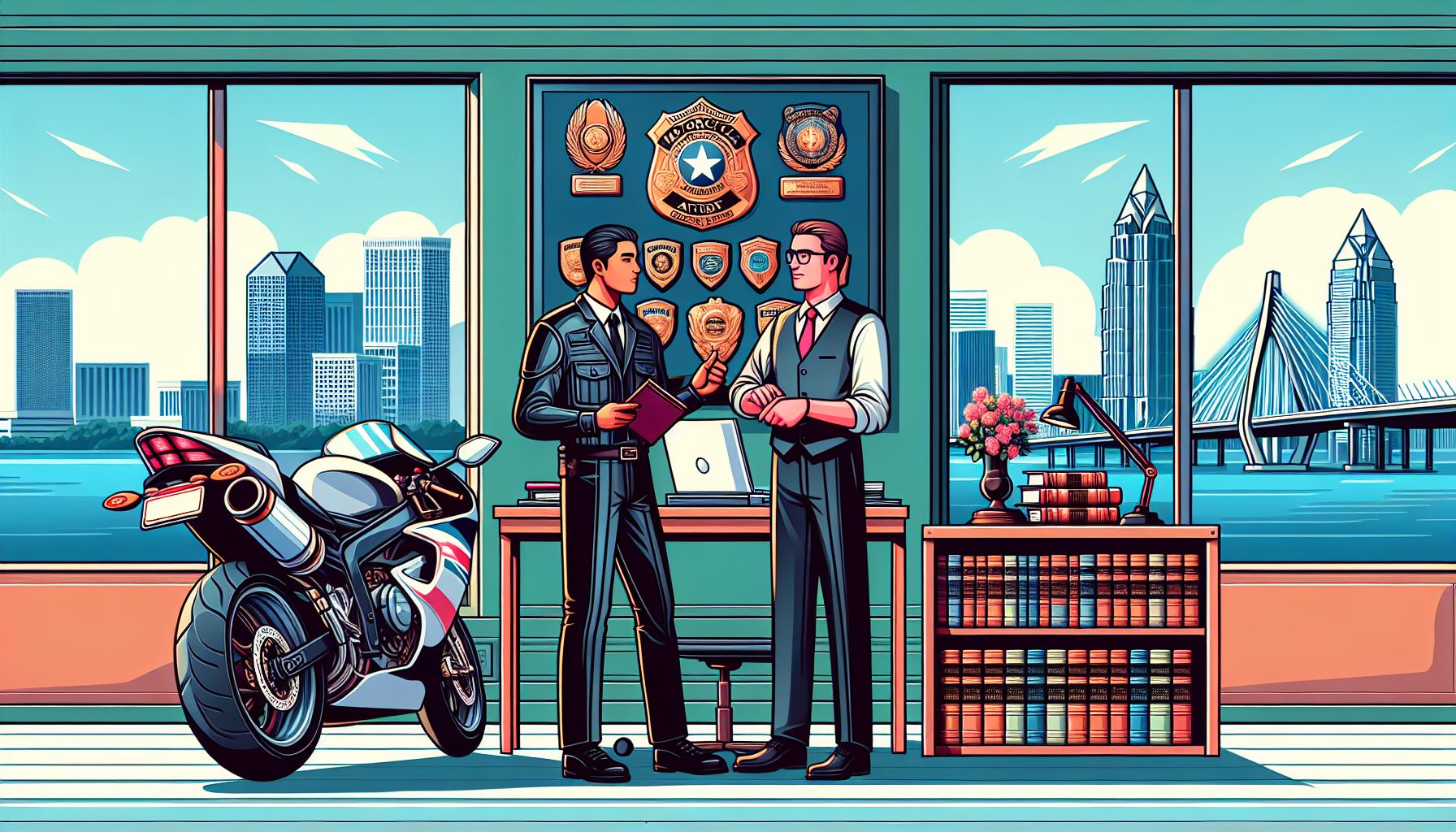 **DALL-E Prompt:** Illustrate a professional and trustworthy motorcycle accident attorney in Charleston, SC, consulting with a client in an office environment. The attorney is displaying badges of credentials and awards related to their specialization, while explaining a complex chart of state motorcycle laws. Include visible books on South Carolina law and motorcycle safety on the shelves, and a view of the Charleston skyline in the background through the office window. The setting is calm and reassuring, emphasizing experience and expertise.