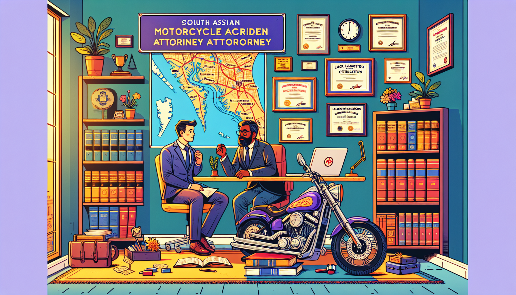 An engaged client consulting with a knowledgeable motorcycle accident attorney in a Charleston office, showcasing maps of Charleston, legal books, and a laptop displaying local bar association listings; the room is filled with positive testimonials and certificates, aspiring professionalism and trustworthiness.