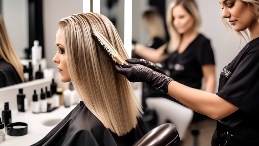 An image capturing the process of a hairstylist meticulously applying blonde foils to brown hair in a modern salon. The setting should be bright and professional, with the stylist wearing gloves and using precision tools like foiling combs and clips. The brown-haired client should be seated comfortably in a salon chair, looking relaxed and confident. Visible in the background are various haircare products and a large mirror reflecting the detailed action, emphasizing the careful steps and technique involved in creating this look.