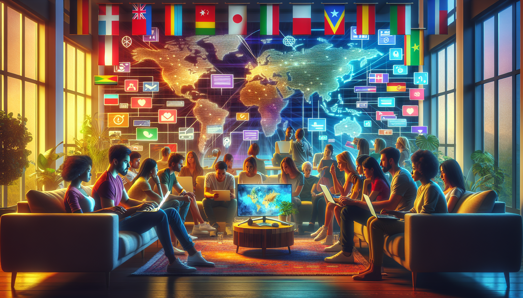 Prompt: A diverse group of people in a cozy living room setting, each person using a laptop or a smart TV. On the screens, visible content includes a map indicating different countries, popular streaming service icons like Netflix, and in-game graphics from various regions. Highlight vibrant flags of different countries subtly displayed in the background, emphasizing the global access provided by VPNs. Create a blend of natural light and warm, ambient lighting to give the scene an inviting feel.