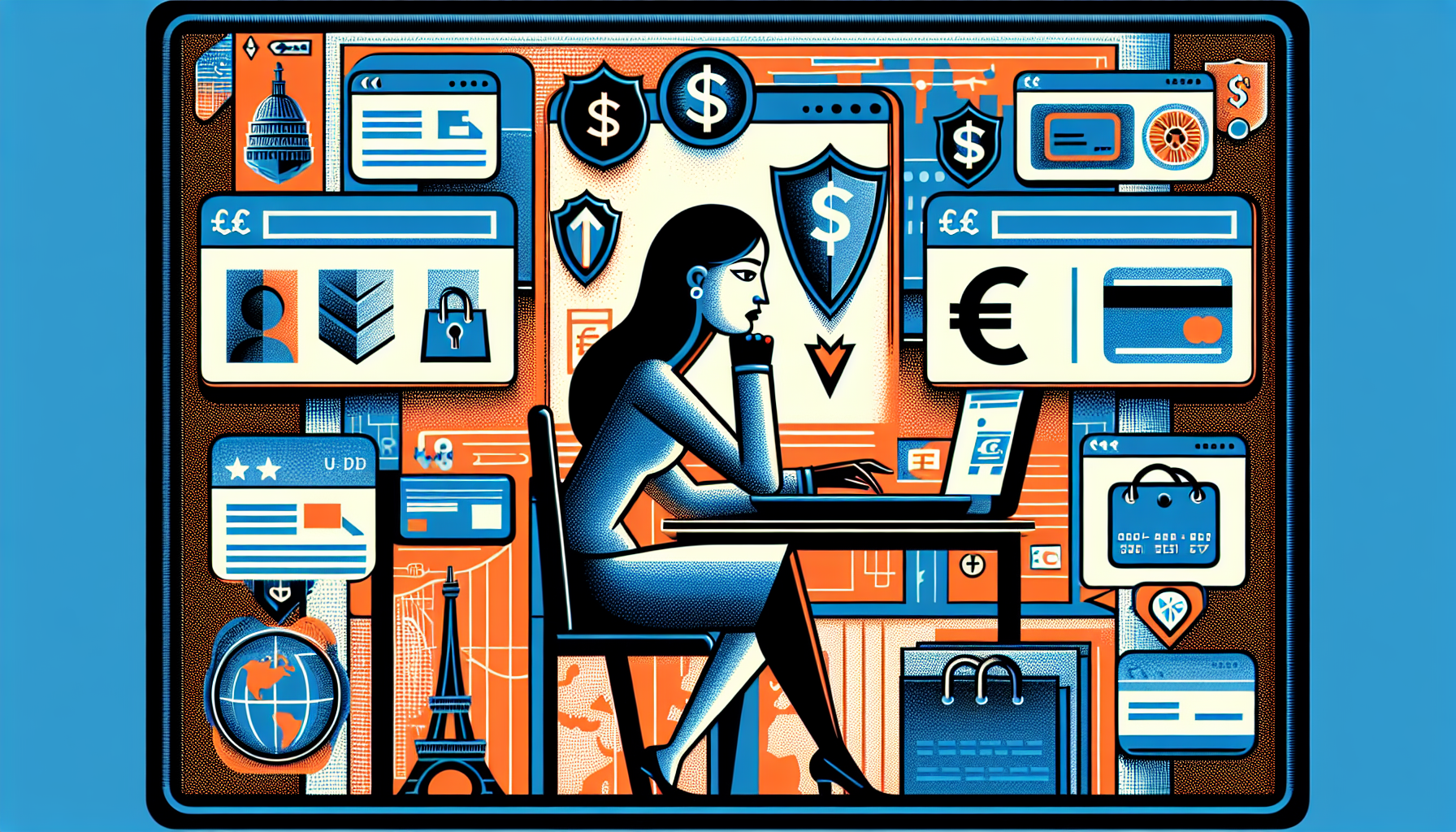 Create an image depicting the advantages of using a VPN for online shopping. The image should showcase a person using a computer to shop online, with multiple price tags displaying different prices (in USD, EUR, etc.). The background should subtly suggest various international landmarks (like the Eiffel Tower, Statue of Liberty, etc.). The concept of saving money should be highlighted by a shield icon featuring a credit card and a downwards arrow, symbolizing reduced costs. VPN-related icons or logos can be subtly incorporated to reinforce the theme.
