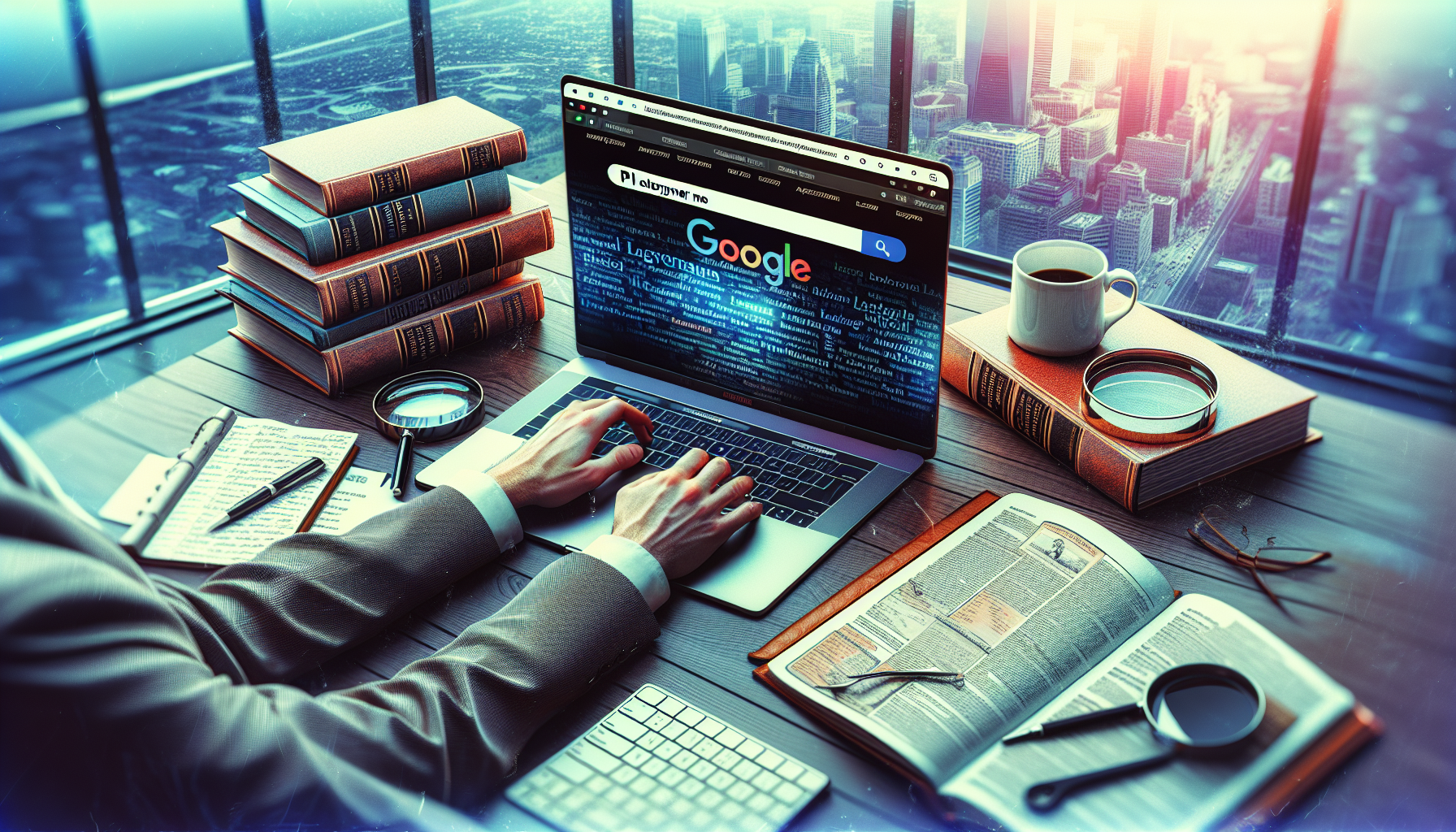 Create an image of a person sitting at a desk with a laptop open, actively searching for a personal injury attorney online. The laptop screen shows a search engine with the search bar filled with the phrase PI attorney near me. Nearby, there are legal books, a notepad with written notes including pros and cons of different attorneys, and a coffee cup. The setting is an office space with a view of a cityscape through a window, suggesting the searcher is looking for local legal help.